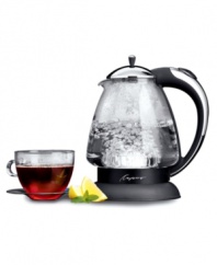 Perfection... to the tea. Capresso presents this elegant electric kettle, designed almost entirely of German-made SCHOTT heat-resistant glass for an stylish and dynamic display. It's the fast, quiet and safe way to boil water. One-year warranty. Model 259.