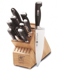 Experience four-star performance from Henckels, the legendary German knife-maker. This essential cutlery set features blades precision forged from a single piece of exclusive high-carbon, stain-free steel and ice-hardened for ultimate sharpness and precise control. Lifetime warranty.