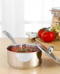 A great choice for slow simmers, rolling boils and liquid reductions, this gorgeous 18/4 stainless saucepan looks as good as it cooks. Features riveted Cool Grip Handles for a confident hold, tapered rims for easy pouring and a lid that locks in flavor, texture and nutrients. A helper handle provides extra support and balance when lifting and pouring. Aluminum core spreads heat for even cooking. Lifetime limited warranty.