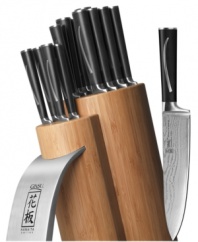 A knife of many layers! Thirty-three layers of high carbon and low carbon Japanese stainless steel deliver superior strength and incredible precision to your kitchen. Store each professional knife in the rich-grain solid bamboo block with brushed metal stand for an attractive accent. Limited lifetime warranty.