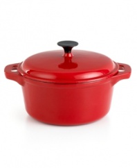 Set the scene for magical meals. From prep to presentation, this versatile dutch oven expertly braises and slow cooks, locking in moisture and flavor with a handy lid and heading effortlessly from oven to table with two contoured side handles. The striking enameled cast iron construction heats and cools quickly, while the porcelain interior is flavor- and odor-resistant for a lifetime of use. 1-year warranty.
