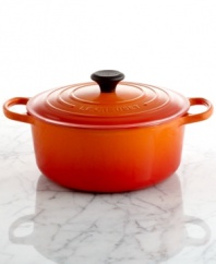 Size matters! Make family meals even easier with the stove-top friendly size of this classic dutch oven. Perfect for pot roast, stews and chili, this Signature piece masters slow cooking, evenly distributing and retaining heat and moving effortlessly from oven to table. Lifetime warranty.