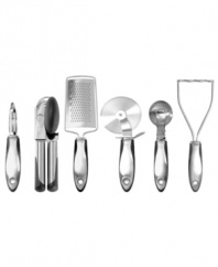 This all-inclusive set of kitchen essentials features streamlined shapes in brilliantly brushed stainless steel with soft rubber grips for consistently comfortable use. Manufacturer's lifetime limited warranty.