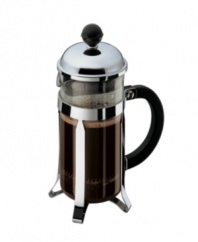 Bodum's coffee press is recognized worldwide as one the best ways to brew coffee. Imagine a cup, made to your liking in just 4 minutes!  Expertly crafted with a stainless steel filter system, heat-resistant borosilicate glass beaker and stay cool handle and knob. Makes 3 cups. Two-year limited warranty.