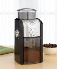 Simplify the daily grind with this smart and spacious burr grinder. Fill the large-capacity hopper with your favorite coffee bean variety and choose from one of 17 different fineness settings. The removable container slides out to present a supply of deliciously aromatic and perfectly ground coffee beans. Constructed of durable black plastic and brushed stainless steel, this grinder looks great next to any coffee maker. One-year warranty.