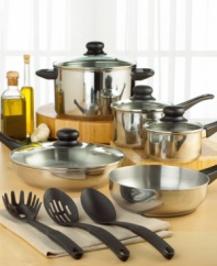 The chef's dozen. This 12-piece cookware set has everything you need to cook fantastic full meals. The polished stainless steel construction looks great and heats quickly and evenly for consistently impressive results. Glass lids allow you to monitor food as you cook, while phenolic handles stay cool for easy handling.  Limited lifetime warranty.