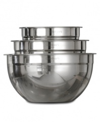 Substance and style. Made of gleaming, heavy-duty stainless steel, this trio of deep bowls reduces mixing mess and caters to kitchen tasks of all sizes.