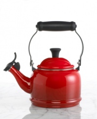 Elegant and timeless, this whistling tea kettle is an instant classic on any stovetop and great way to revive tea time for two. The glossy enamel finish adds colors to your range and is a cozy addition to your home. Lifetime warranty.