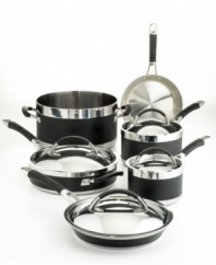 This Anolon Ultra Clad cookware set is so sleek, so well-crafted, you could design an entire kitchen around it. Three layers of metal compose each exceptional body: a thick inner core of quick and even heating aluminum is sandwiched between gleaming stainless steel. Limited lifetime warranty.
