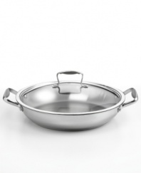 A kitchen favorite! The perfect everyday companion, this durable covered pan locks nutrients, moisture and flavor into incredibly well-cooked dishes. An aluminum encapsulated impact-bonded base provides quick and even heating to the durable stainless steel body of this versatile piece. Lifetime limited warranty.