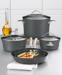 Versatility and clean design meet in this 8-piece nonstick cookware set. Each piece has a unique vessel shape and hard-anodized construction for years of use. Great features like a capacity indicator line on the rim of the pan, ergonomic handles that stay cool during stovetop cooking and durable tempered glass lids that nestle within the pieces for a clean look means preparing your favorite meal will be as much fun as presenting it. Set includes: 8 omelette pan, 10 omelette pan, 1.5qt covered saucepan, 2.5qt covered saucepan and 8qt covered stock pot.