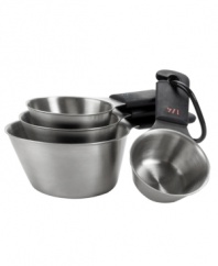 New from OXO--this sleek steel set dishes out ingredients in style. Features streamlined shapes and brushed stainless steel finishes. Soft rubber grips ensure years of durable, comfortable use. Dishwasher safe set includes 1/4-cup, 1/3-cup, 1/2-cup and 1-cup sizes. Manufacturer's lifetime limited warranty.
