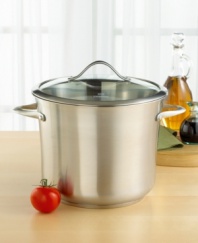 A simply beautiful, large capacity stock pot in all stainless steel, to meet all your simmering needs and complement your contemporary kitchen. With a heavy-gauge aluminum inner core that conducts heat evenly throughout, and a domed tempered cover for see-through convenience that doesn't compromise presentation. Sculpted handles that will stay cool on the stove-top. Lifetime Warranty.