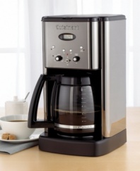 Elegantly detailed in brushed stainless steel and black chrome, this futuristically styled coffee maker offers a truly awakening experience. The 12-cup carafe-style pot and stainless steel controls let you choose one of two brewing cycles - 1 to 4 cups or 5 or more cups - for more flavor and less waste. Three-year limited warranty.
