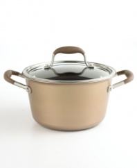 With a unique tapered design and brilliant bronze-hued style, Anolon's hard-anodized stock pot is outfitted for prime performance and beautiful stovetop presence. Along with an exclusive nonstick coating, it creates the perfect environment for cooks of all skill levels. Limited lifetime warranty.