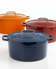Your go-to for getting it done right in the kitchen, this versatile round dish is perfect for baking casseroles, browning meats and much, much more. The heavy-duty construction distributes heat evenly, locking moisture in to slow-cooked stews and braised roasts. From prep to presentation, this attractive enameled cast iron pot goes with ease, featuring generously sized handles for a secure, confident grip. Lifetime warranty.