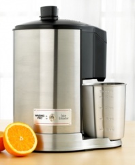 Drink to your heart's content with this super juicer from Waring. Its ultra-efficient juice extraction method allows you to capture more of the essence of every piece of fruit or vegetable you feed into the machine. Comes with an extra-large, 3-1/2 feed tube and 32 oz. stainless steel juice catcher. Its sleek stainless steel exterior with solid, die-cast base and cushioned feet keep it sitting pretty during operation. Juicer's safety interlock system ensures operation won't start until lid is securely in place. Carries Waring's 5-year limited warranty on motor and 1-year limited appliance warranty. Model #JEX328.