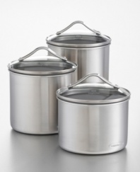 Oval-shaped canisters with stainless steel brushed finish, 1.0mm thick. Small holds 2 quarts; medium, 2.5; large, 3. Tempered glass cover with airtight seal. Calphalon® logo plate is stamped to each piece.