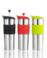 Wherever your day takes you, a fresh mug of piping hot coffee is never far behind. This thermal travel mug features a slip-proof silicone band in an array of vibrant hues, helping you enjoy your morning coffee anytime---even on the go! One-year limited warranty.