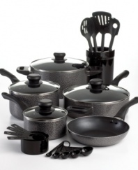 Basically, you're all set! Cover all your bases in the kitchen with a comprehensive set of the basic must-haves that chefs and first time cooks, alike, will adore. The enameled aluminum collection features incredible nonstick interiors that promote reduced-fat and quicker cooking. Limited lifetime warranty.