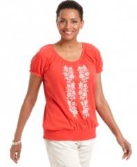 Karen Scott's petite peasant top is anything but plain! A rich dose of color, a floral print at the front placket and a smocked hem give it unbeatable charm.