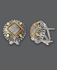 Beautifully crafted earrings to frame your face. These ornate stud earrings from Balissima by Effy Collection feature round-cut diamonds (1/4 ct. t.w.) in a diamond-shaped pattern. Setting features filigree sterling silver and 18k gold accents. Earrings have a post stud backing with clip. Approximate diameter: 11/16 inch.