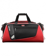 In a race of its own-Tumi and Ducati partner to change the face of travel with this sleek and innovative design. Life on the fast track demands sophisticated, innovative and bold solutions, which this fully-stocked duffel puts on the map. Ready for any adventure with multiple interior pockets, elastic holding straps, comfort carry handles and more essentials for a first-place arrival. 5-year warranty.