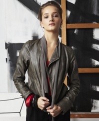 An urban-chic staple, layer on this sleek doo.ri for Impulse faux-leather motorcycle jacket -- the mesh collar adds cool contrast!