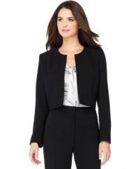 This chic collarless jacket by Kasper looks perfect paired with a sheath dress or pants and a silky top. The cropped silhouette is a stylish alternative to the typical blazer.