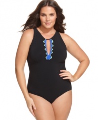 Profile by Gottex takes the one-piece up a notch! This plus size swimsuit features sexy cutouts and flirty ruffle trim.