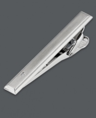 Organize your look. Keep your favorite tie in place while adding a little polish with this sleek tie bar. Crafted in stainless steel with a sparkling diamond accent. Tension backing helps keep ties secure. Approximate length: 2-1/8 inches. Approximate width: 1-4/10 inches.