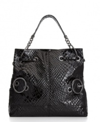 Wide wraparound belts with gunmetal ring hardware amp up the wow-factor of the glossy patent python Tyler tote from Big Buddha.