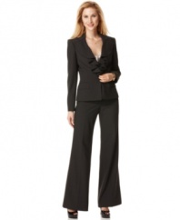 Menswear-inspired with its classic pinstripe but made feminine with a ruffled collar and figure-flattering tailoring, this petite Anne Klein suit rises above the rest!