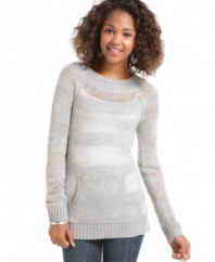 Sheer stripes and a beautifully ribbed neckline add endless charm to this cozy every day sweater from JJ Basics!