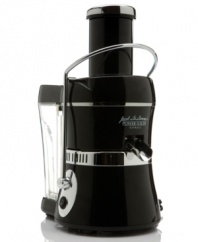 Make fresh, healthy juice in just seconds with Jack La Lanne's Power Juicer. The special patented extraction technology ensures you'll get every bit of juice out of your fruit. The extra-large round feeder allows you to stuff even big fruits into the juicer. Includes a super-sized pulp collector and a stainless-steel blade. Dishwasher safe. Whisper-quiet operation. 3600 RPM Motor has lifetime guarantee. Entire item has limited warranty. Model #JLPJ-B.