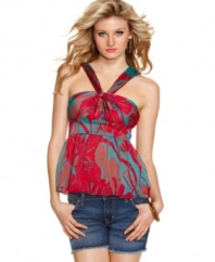 Rich and sumptuous print meets gorgeous construction on this empire waist halter top from Jessica Simpson!