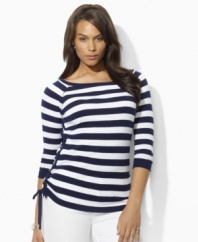 Bold stripes grace the front of a plus size three-quarter-sleeve tee from Lauren by Ralph Lauren, crafted with an elegant ballet neckline and drawcord detailing at the hem to create chic ruching.