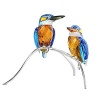 The boldly colorful pair of kingfisher birds in Blue Turquoise, Aquamarine, Sun and clear crystal are elegantly perched on a silvertone metal stand. They were created with approximately 20 separate parts.