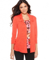 Elementz makes ensemble-making easy: This draped-fit petite cardigan comes with an attached inset layer that's pretty, printed and pleated! (Clearance)