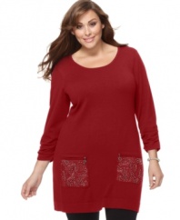 Beaded patch pockets gorgeously accent Alfani's three-quarter sleeve plus size tunic sweater-- finish the look with leggings. (Clearance)