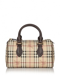 Printed coated canvas satchel with leather trim double handles. Top zip closure. Inside zip pocket. Lined.