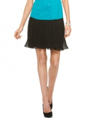 A sheer pleated overlay with a pretty ruffled hem makes this petite skirt from Alfani season-perfect. Pair with your best bright tops for seamless spring style.
