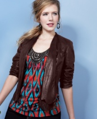 Add a chic layer to your casual style with INC's faux suede plus size jacket, punctuated by a laser cut hem.