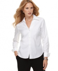 Jones New York presents a perfect petite shirt for work-- and it does not require ironing!