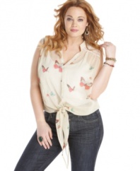 Tie up a darling look with American Rag's sleeveless plus size top, featuring a butterfly print.