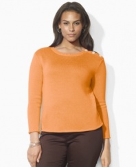 A wardrobe staple, this plus size Lauren by Ralph Lauren sweater is knit with a chic boatneck and finished with button details at the shoulder.