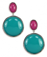 A one-two punch of color. Nine West's colorblock double drop earrings pop with bright turquoise and magenta plastic stones set in silver tone mixed metal. Approximate drop: 1-1/2 inches.