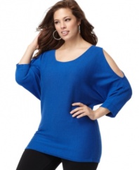 Flaunt a hint of skin with NY Collection's cold-shoulder plus size sweater-- finish the look with leggings.
