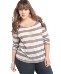 Land an on-trend look with Soprano's long sleeve plus size top, rocking a striped pattern!