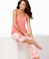 Dream in color. A watercolor-inspired print lends pretty appeal to these slinky capri-length pajama pants by Alfani.